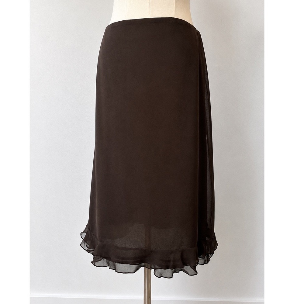 Maggy Boutique 100% Silk Midi Skirt Womens Chiffon Ruffle Hem Whimsigoth 8 Brown